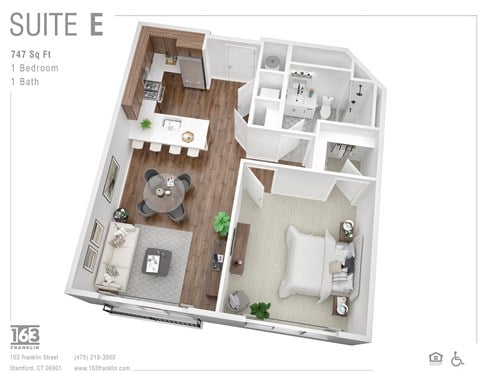 Floor plan for 1 bed, 1 bath, 747 sqft